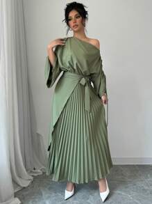 Rafferiza 女式斜领长袖收腰荷叶边下摆中长连衣裙女装 - 綠色 - 查看 5