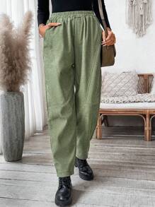SHEIN LUNE Women's Elastic Waist Thermal Lined Pockets Splitting Design Trousers