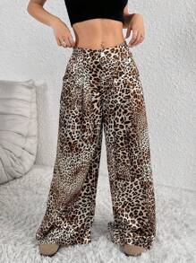 SHEIN Unity Women's Leopard Print Wide Leg Loose Pleated Casual Pants Fall Cloth For Women - Multicolor - View 5