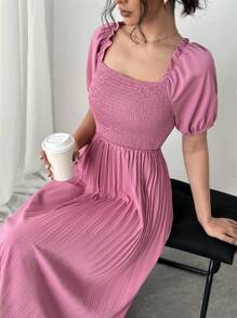 SHEIN Unity Ladies' Fashion Solid Color Pleated Breast Shirred Off Shoulder Dress