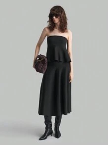 Ontre Bộ 2 món áo crop top không tay viền bèo nhún màu trơn và chân váy dệt kim thanh lịch cho nữ - màu đen - Xem 3