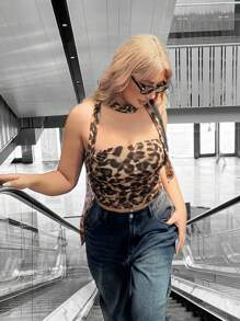 SHEIN EZwear Top tubo de leopardo de moda talla grande - Café integral - Ver 3