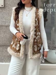 Vionelle Embroidered Patchwork With Furry Collar Retro Jacket, Plus Size, Autumn/Winter Fall - Brown - View 3