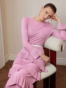 MOTF PREMIUM 纯色喇叭袖层叠荷叶边下摆连衣裙（无腰带） - 粉色 - 查看 5