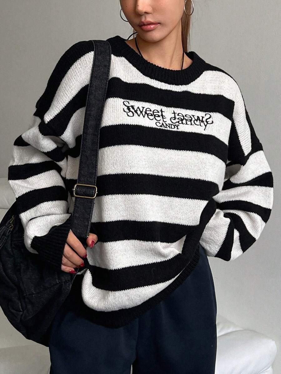 DAZY Women's Round Neck Loose Striped Embroidery Sweater - Black and White - View 1