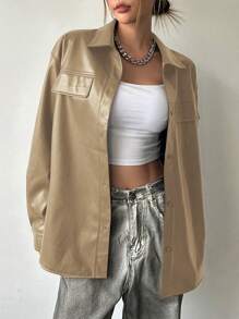 DAZY Camisa cortavientos holgada con cuello de PU para mujer