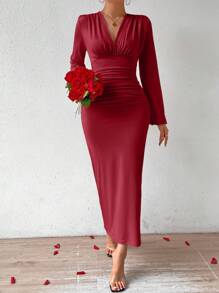 Firerie 女士纯色 V 领灯笼袖鱼尾下摆优雅连衣裙 - 紅色 - 查看 4