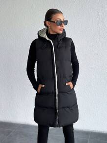 EURMUSE Reversable 2 Side Different Color, Hooded, Two Pocket Long Padded Winter Coat - Black - View 1