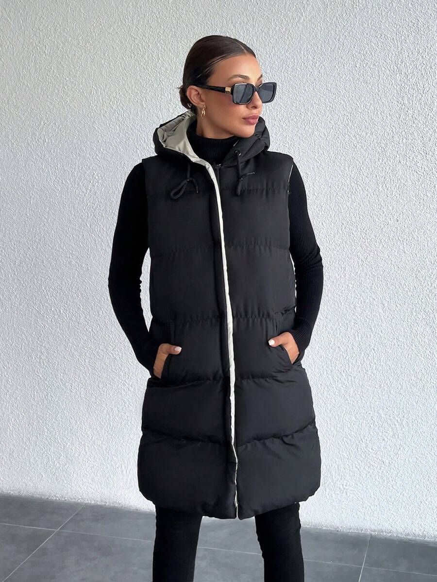 EURMUSE Reversable 2 Side Different Color, Hooded, Two Pocket Long Padded Winter Coat - Black - View 1