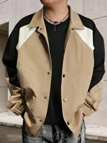 Manfinity Homme Plus Size Men's Button-Up Long Sleeve Contrast Design Stylish Street Casual Jacket - Brown - View 1