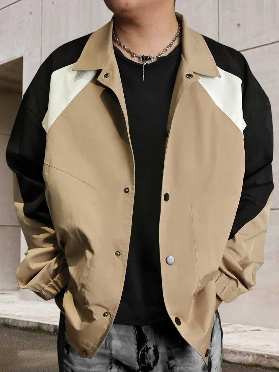 Manfinity Homme Plus Size Men's Button-Up Long Sleeve Contrast Design Stylish Street Casual Jacket - Brown - View 1
