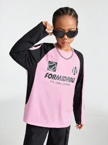 SHEIN Tween-Mädchen Herbst Athleisure Hot Pinks Preppy Streetwear Sportswear Blockcore Sport Oversized T Shirt - Verschiedenfarbig - Übersicht 3