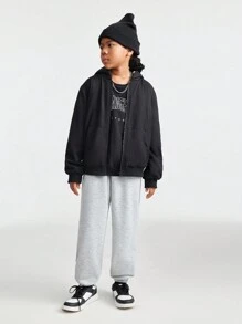 SHEIN Tween Girls Daily Wear Clothes Black Zip Up Hooded Bomber Jackets,Fall/Winter For Halloween Outfits - Black - View 7