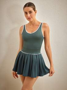 Activina 女式撞色饰边褶边无袖网球运动连衣裙