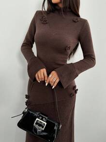 Calvaya High Neck Fitted Semi-Sheer 3D Floral Long Women's Sweater Dress