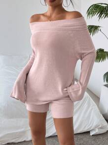 INAWLY 2 件套女士纯色露肩长袖毛衣和短裤套装