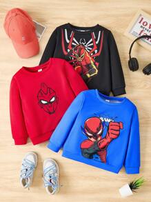 SHEIN Leap Crew Bộ 3 chiếc/bộ áo nỉ cổ tròn tay dài in họa tiết siêu anh hùng giản dị cho bé trai ấm áp, thoải mái, màu đen, đỏ, xanh, thích hợp mặc khi trở lại trường, sinh nhật, tiệc chào đón em bé, tiệc ngày lễ, mùa thu/đông, mua 1 tặng 2 - Nhiều màu - Xem 1