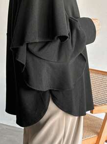 FRIFUL Women Spring Autumn Drop Shoulder Patchwork Ruffle Trim Casual Loose Solid Top Long Sleeve - Black - View 7