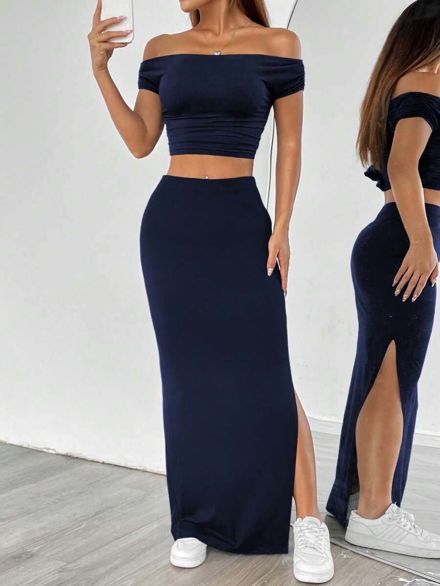 SHEIN Unity Conjunto de blusa plisada de hombros descubiertos y falda con abertura lateral de unicolor - Azul Marino - Ver 1