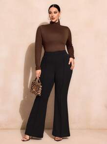 SHEIN SXY Plus Size Solid Color Slim Fit High-Necked Long Sleeve All-Match T-Shirt Basic Tees Fall - Brown - View 5