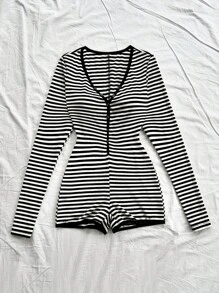 Soleia Contrast Color Striped Decorative Button Long Sleeve Romper For Women, Holiday Style - Black and White - View 5