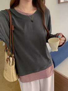 DAZY 1pc Women's Round Neck Long Sleeve 2 In 1 T-Shirt