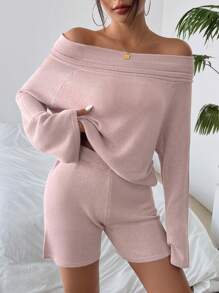 INAWLY 2 件套女士纯色露肩长袖毛衣和短裤套装