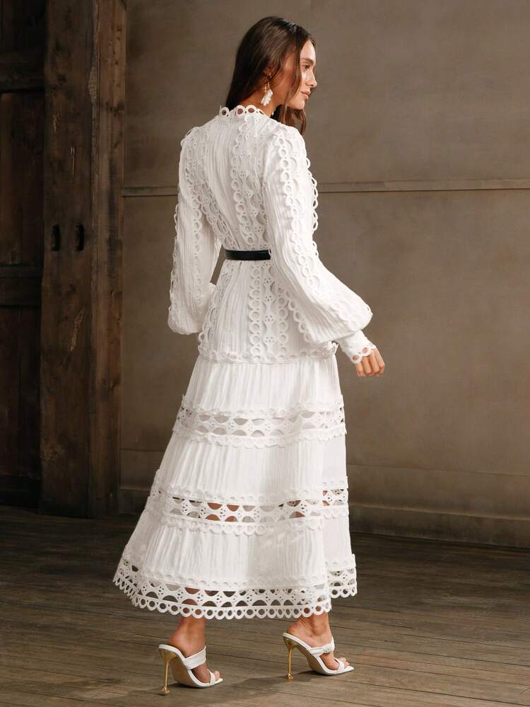Romantic Elegant Lace Chiffon Lantern Sleeve High Collar Ruffle Waist Slim Fit Long Dress For Women