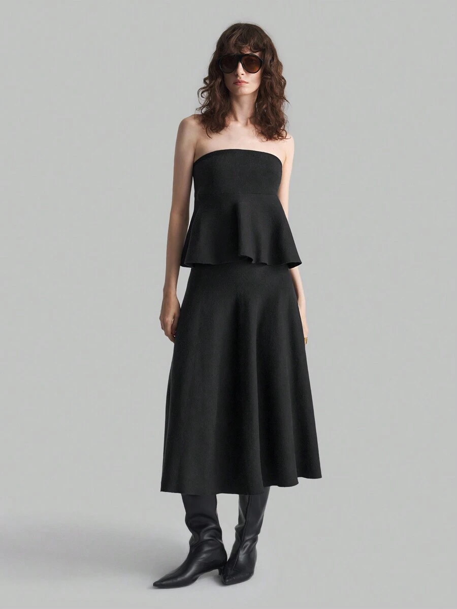 Ontre Bộ 2 món áo crop top không tay viền bèo nhún màu trơn và chân váy dệt kim thanh lịch cho nữ - màu đen - Xem 1