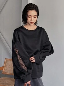FRIFUL Women's Contrast Lace Crew Neck Sweatshirt,Fall Clothes - Black - View 3