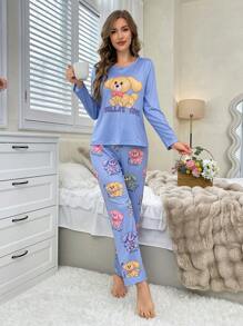 1 conjunto Pijama de mujer con parte superior de manga larga de cuello redondo y pantalones con estampado de perros