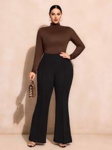 SHEIN SXY Plus Size Solid Color Slim Fit High-Necked Long Sleeve All-Match T-Shirt Basic Tees Fall - Brown - View 6
