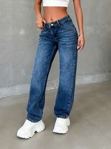 EURMUSE Women's Low Waist Straight Leg Loose Casual Versatile Jeans - Medium Wash - View 3