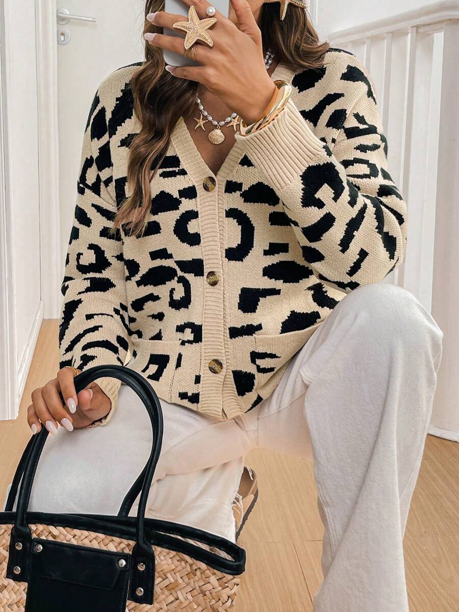 SHEIN Frenchy Women's Loose Drop Shoulder Leopard Print Cardigan,French Leopard Print Mid-Length Long Sleeve Warm Cardigan Sweater Winter Casual - Apricot - View 1