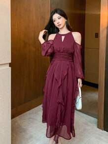 DAZY Women Solid Color Ruffle Ruffle Hem Chiffon Dress, Birthday ,New Year Eve Valentine Valentine's Day Prom Dress,Fall Clothes