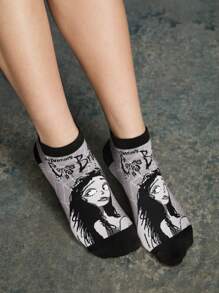 Corpse Bride X SHEIN 2pcs/Set Women Comfy Cartoon Design Ankle Socks,Lover In Wedding, Gifts For Valentine's Day,Valentine's Day