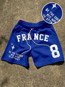 Aesthetic Post--Men Slogan Print Drawstring Waist Casual Loose Shorts - Blue - View 1