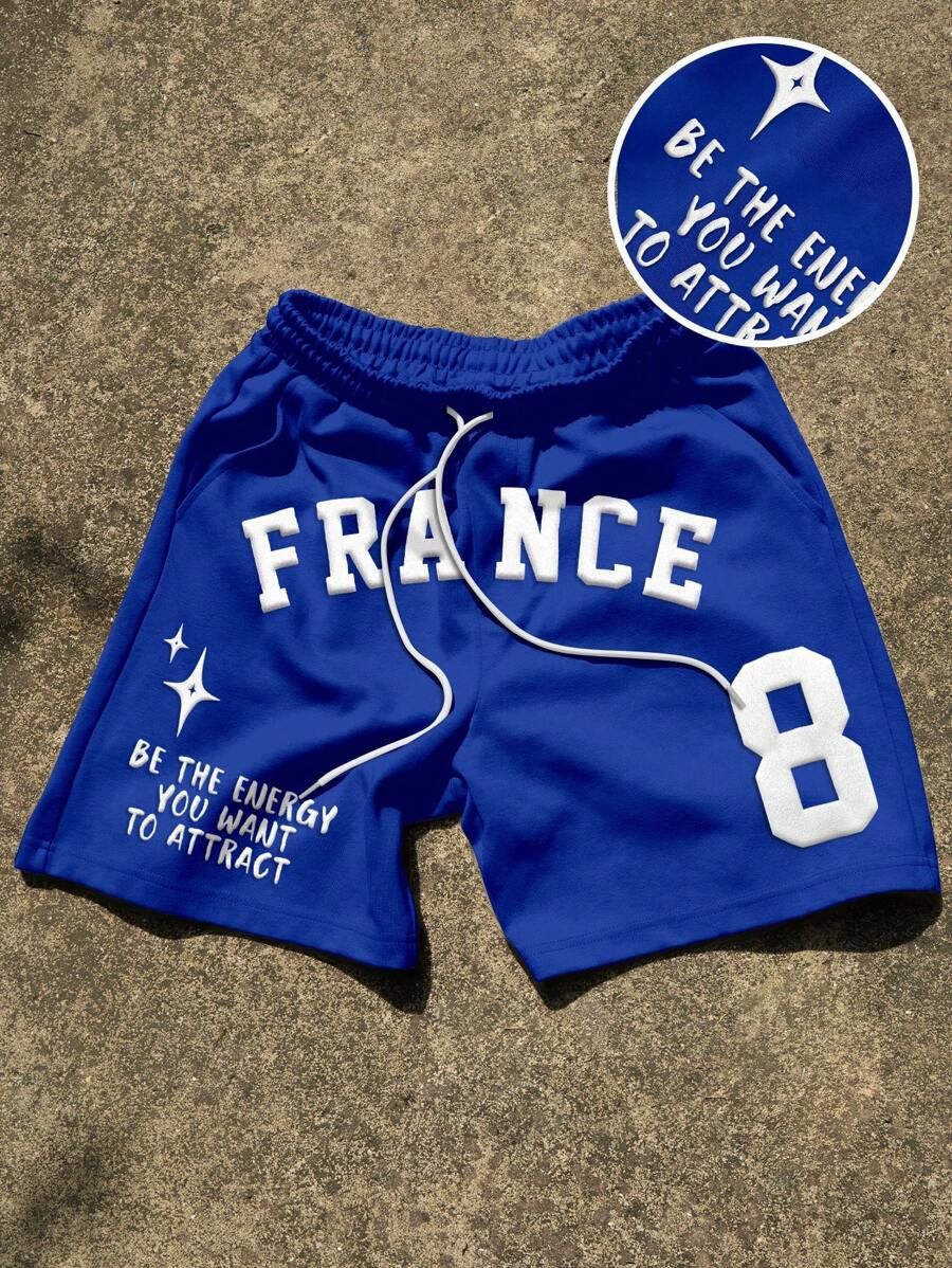 Aesthetic Post--Men Slogan Print Drawstring Waist Casual Loose Shorts - Blue - View 1