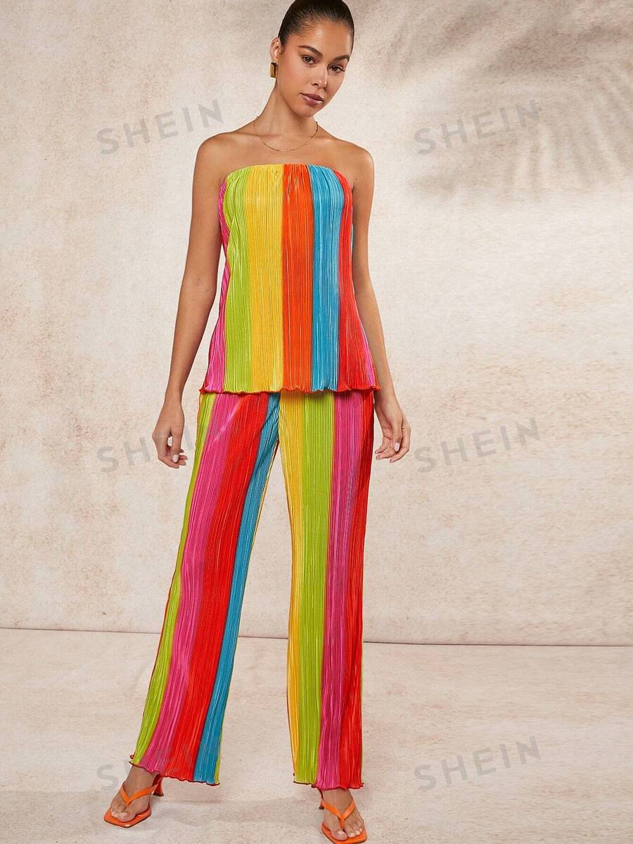 Hauture Conjunto de dos piezas de top tubo y pantalones plisados en diseño arcoíris