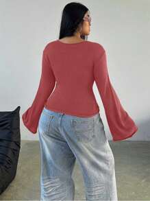 Flirla Plus Size Solid Color Bell Sleeve Sweater Knit Pullover Fall Winter - Coral Pink - View 2