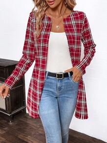 SHEIN Clasi Karierte Jacke in Mittellänge, für Frühling & Herbst - Bordeaux - Übersicht 1