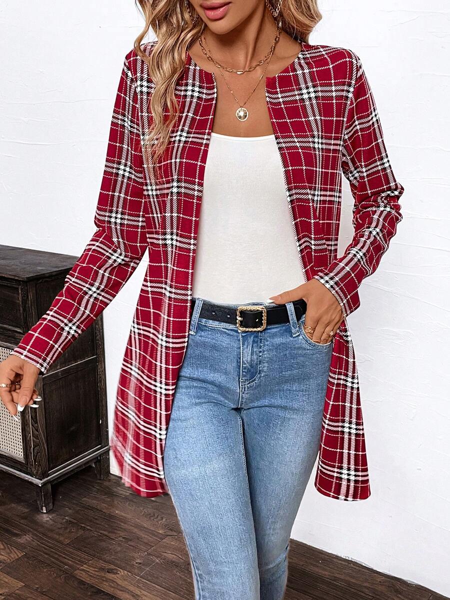 SHEIN Clasi Karierte Jacke in Mittellänge, für Frühling & Herbst - Bordeaux - Übersicht 1