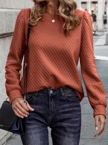 SHEIN LUNE 女士纯色圆领灯笼袖宽松休闲运动衫，长袖秋季上衣，春秋季 - 紅木色 - 查看 3