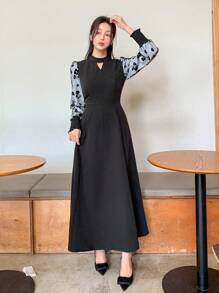 FRIFUL Women's Floral Print Bubble Sleeve Keyhole Neck Elegant Dress,Fall Dress Long Sleeve Dress