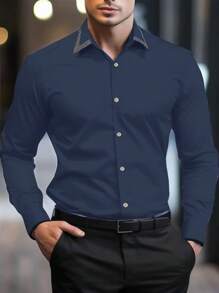 Manfinity Mode 男士春夏格子拼接长袖休闲通勤衬衫，男士正装衬衫，正装衬衫，男士商务休闲衬衫 - 藏蓝色 - 查看 1