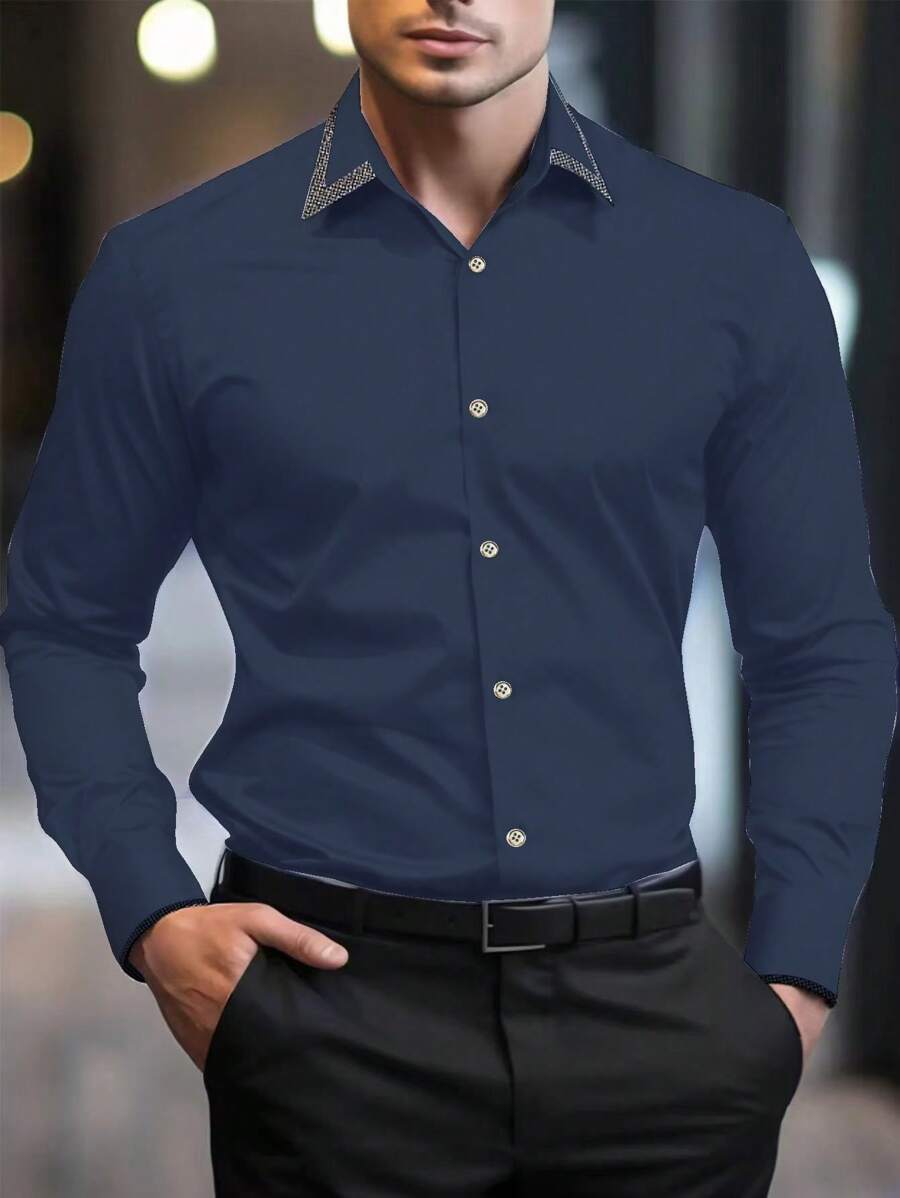 Manfinity Mode 男士春夏格子拼接长袖休闲通勤衬衫，男士正装衬衫，正装衬衫，男士商务休闲衬衫 - 藏蓝色 - 查看 1