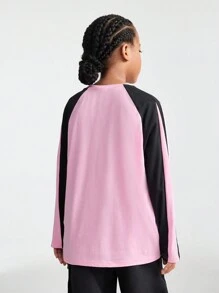SHEIN Tween-Mädchen Herbst Athleisure Hot Pinks Preppy Streetwear Sportswear Blockcore Sport Oversized T Shirt - Verschiedenfarbig - Übersicht 2
