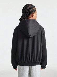 SHEIN Tween Girls Daily Wear Clothes Black Zip Up Hooded Bomber Jackets,Fall/Winter For Halloween Outfits - Black - View 4