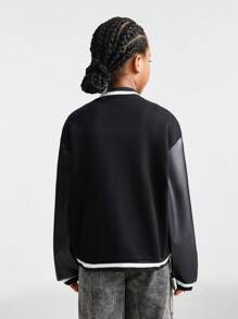 SHEIN Tween Girls Fall/Winter Y2k Back To School Preppy Sportswear Varsity Bomber Graphics Jacket For Halloween Football - Black - View 5