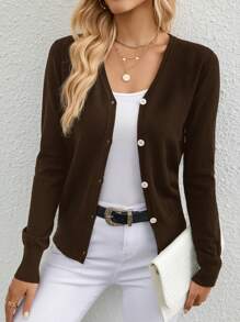 SHEIN Privé Cardigan court décontracté à manches longues et couleur unie pour femmes, automne/hiver - Marron - Voir 1